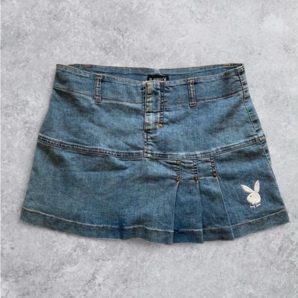 Vintage Y2k Playboy Denim Pleated Mini Skirt with Bunny
